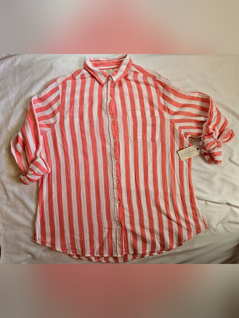 NWT St. Johns Bay Womens Pink & White Striped Button Up Long Sleeve Top Size XXL